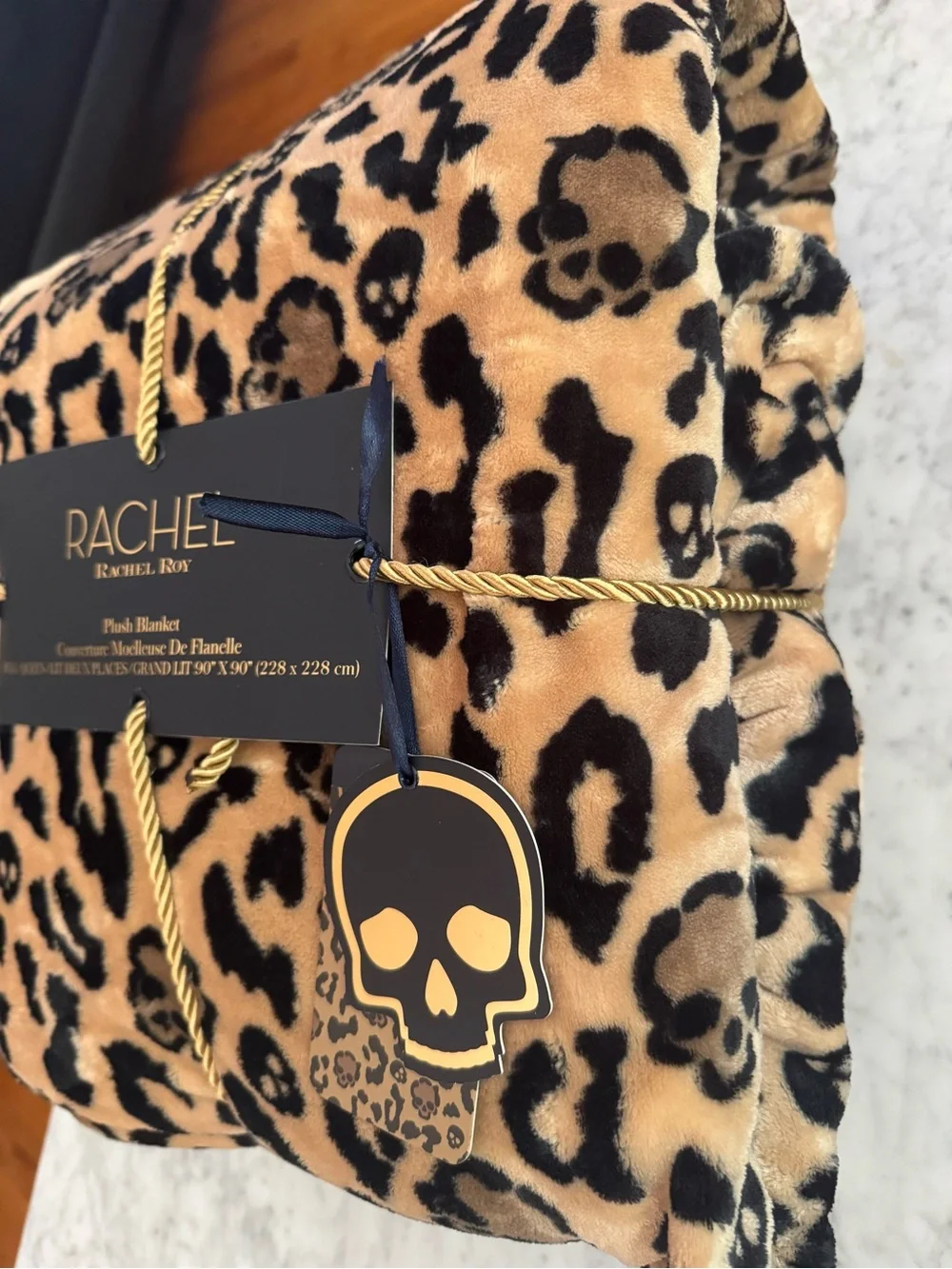 RACHEL Rachel Roy Leopard & Skull Plush Blanket in Tan and Black